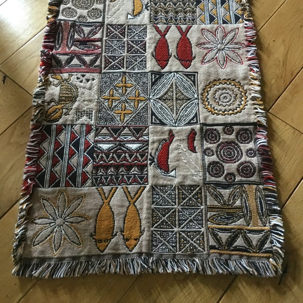 Vintage Kenyan Embroidered Woven Table Runner 13″ × 42″